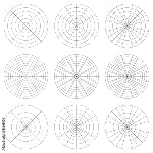 Black polar grid, concentric circles, radial dividers. Mandala template. Isolated vector, png illustration, transparent background. Asset for pattern, overlay, montage, collage, charts, guide. 
