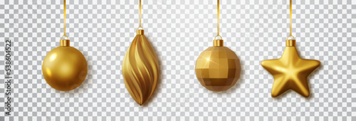 Gold Christmas toy set with isolated on transparent background. Realistic hanging gold christmas decor