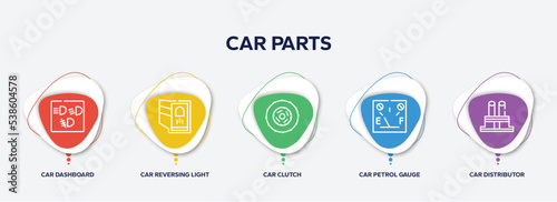 infographic element template with car parts outline icons such as car dashboard, car reversing light, clutch, petrol gauge, distributor cap vector.