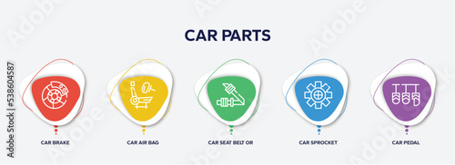 infographic element template with car parts outline icons such as car brake, car air bag, seat belt or safety belt, sprocket, pedal vector.
