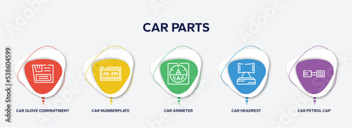 infographic element template with car parts outline icons such as car glove compartment, car numberplate, ammeter, headrest, petrol cap vector.