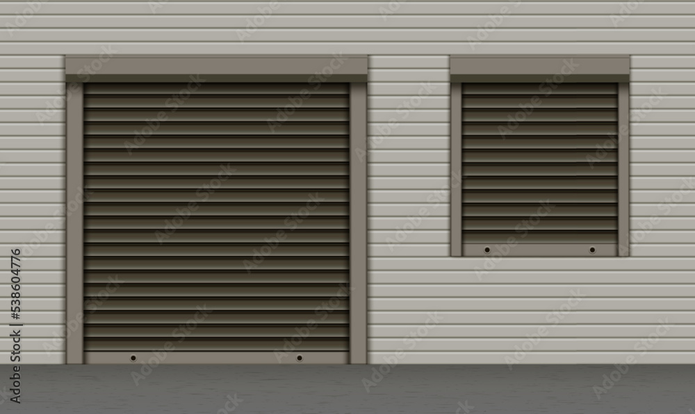 Black closed roller garage shutter door and window with realistic texture on grey facade. Metal protect system for shops and stores. Vector illustration of steel gate of warehouse. Roller up blinds Black closed roller garage shutter door and window with realistic texture on grey facade. Metal protect system for shops and stores. Vector illustration of steel gate of warehouse. Roller up blinds