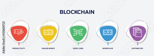infographic element template with blockchain outline icons such as productivity, online money, video card, workplace, distributed vector.