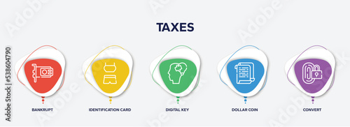 infographic element template with taxes outline icons such as bankrupt, identification card, digital key, dollar coin, convert vector.