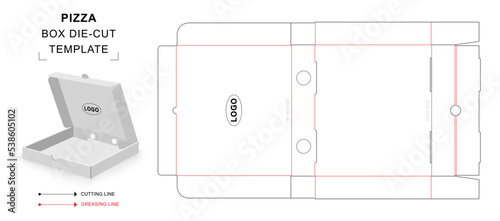 Pizza box die cut template with 3D blank vector mockup for food packaging