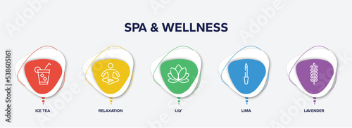 infographic element template with spa & wellness outline icons such as ice tea, relaxation, lily, lima, lavender vector.