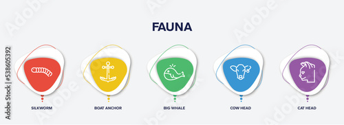 infographic element template with fauna outline icons such as silkworm, boat anchor, big whale, cow head, cat head vector.