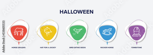 infographic element template with halloween outline icons such as horse grazing, hat for a jockey, bird eating seeds, rocker horse, tombstone vector.