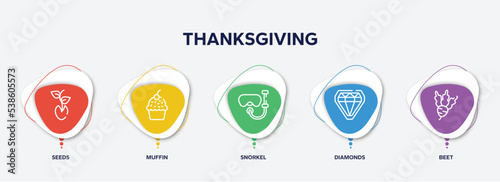 infographic element template with thanksgiving outline icons such as seeds, muffin, snorkel, diamonds, beet vector.