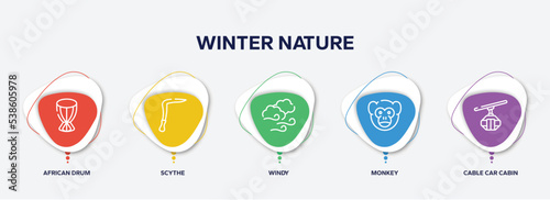 infographic element template with winter nature outline icons such as african drum, scythe, windy, monkey, cable car cabin vector.