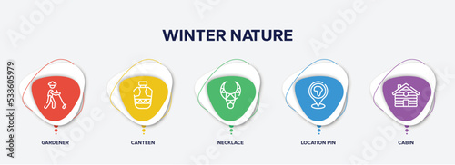 infographic element template with winter nature outline icons such as gardener, canteen, necklace, location pin, cabin vector.