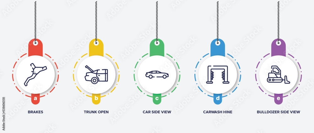 infographic element template with transporters outline icons such as brakes, trunk open, car side view, carwash hine, bulldozer side view vector. infographic element template with transporters outline icons such as brakes, trunk open, car side view, carwash hine, bulldozer side view vector.