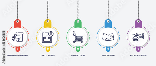 infographic element template with transporters outline icons such as loading/unloading area, left luggage, airport cart, windscreen, helicopter side view vector.
