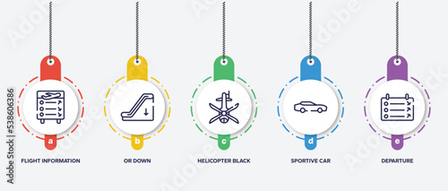 infographic element template with railway outline icons such as flight information, or down, helicopter black shape top view, sportive car, departure vector.