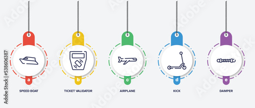 infographic element template with car repair outline icons such as speed boat, ticket validator, airplane, kick, damper vector.