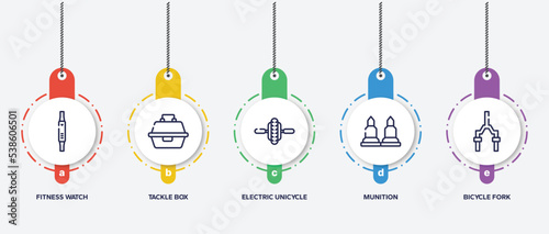 infographic element template with bicycle racing outline icons such as fitness watch, tackle box, electric unicycle, munition, bicycle fork vector.