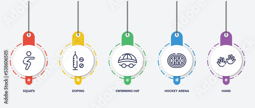 infographic element template with basketball team outline icons such as squats, doping, swimming hat, hockey arena, hand vector.
