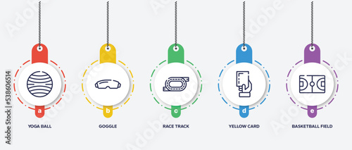 infographic element template with basketball outline icons such as yoga ball, goggle, race track, yellow card, basketball field vector.