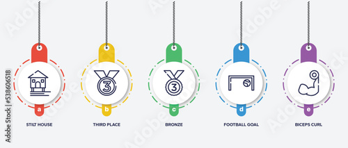 infographic element template with gym outline icons such as stilt house, third place, bronze, football goal, biceps curl vector.