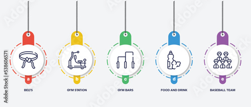 infographic element template with baseball outline icons such as belts, gym station, gym bars, food and drink, baseball team vector.