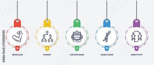 infographic element template with soccer outline icons such as muscular, playoff, catcher mask, team player, substitute vector.