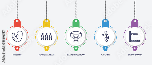 infographic element template with sports outline icons such as muscles, football team, basketball hoop, catcher, diving board vector.