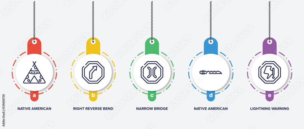 infographic element template with universal warning signals outline icons such as native american wigwam, right reverse bend, narrow bridge, native american flute, lightning warning vector. infographic element template with universal warning signals outline icons such as native american wigwam, right reverse bend, narrow bridge, native american flute, lightning warning vector.