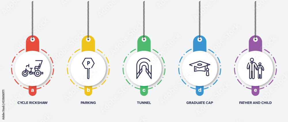 infographic element template with public services fill outline icons such as cycle rickshaw, parking, tunnel, graduate cap, father and child vector.