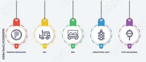 infographic element template with signals set outline icons such as parking hexagonal, ney, bed, semaphore light, stop hexagonal vector.