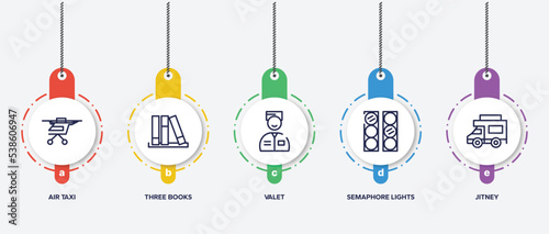infographic element template with taxi service outline icons such as air taxi, three books, valet, semaphore lights, jitney vector.