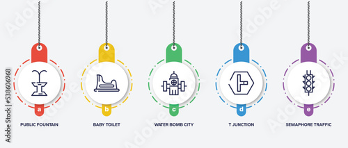 infographic element template with signals set outline icons such as public fountain, baby toilet, water bomb city supplier, t junction, semaphore traffic lights vector.