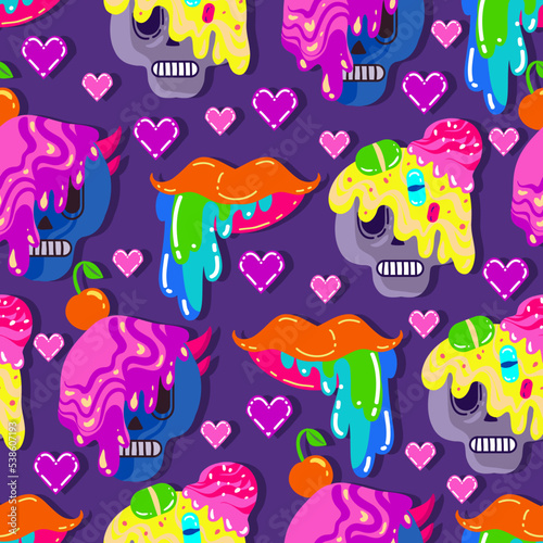 Acid abstract characters and objects. Psychedelic Decorative Templates. Vector illustration surreal acid lips, psychedelic Skulls. Pattern. Dark background