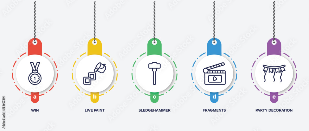 infographic element template with general outline icons such as win, live paint, sledgehammer, fragments, party decoration vector. infographic element template with general outline icons such as win, live paint, sledgehammer, fragments, party decoration vector.