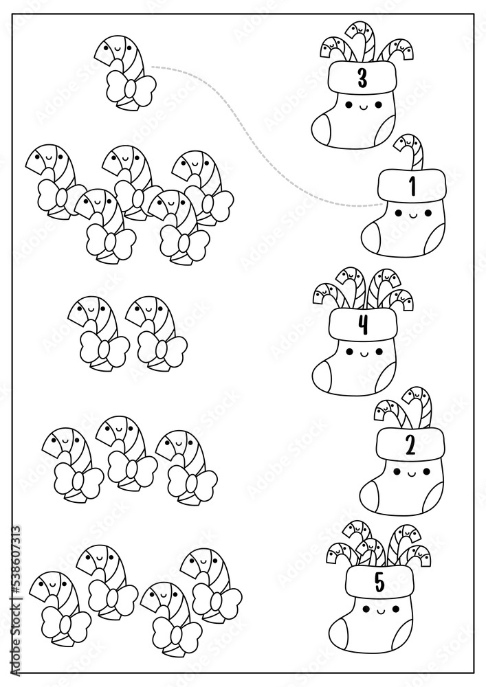 Christmas black and white matching game with cute kawaii stocking, candy canes. Winter line holiday math activity for preschool kids. Educational printable New Year counting coloring page. Christmas black and white matching game with cute kawaii stocking, candy canes. Winter line holiday math activity for preschool kids. Educational printable New Year counting coloring page.