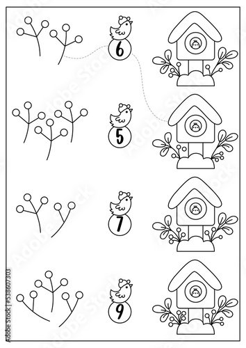 Christmas black and white matching game with cute kawaii bird and birdhouse. Winter line holiday math activity for preschool kids. Educational printable New Year counting coloring page.