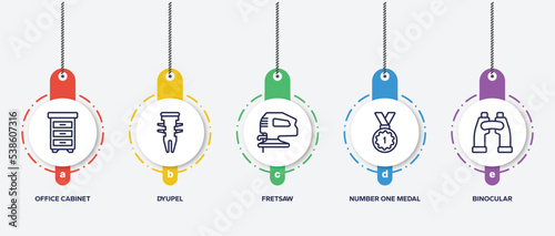 infographic element template with general outline icons such as office cabinet, dyupel, fretsaw, number one medal, binocular vector.