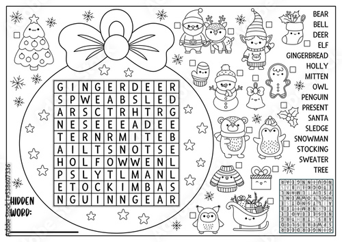 Vector Christmas black and white ball shaped word search puzzle for kids. Winter line kawaii holiday quiz for children. Educational coloring page. Cute New Year English language cross word.