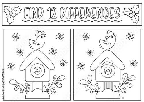 Christmas black and white find differences game for children. Attention skills activity with cute bird house, snowflakes. New Year line puzzle or coloring page for kids. What is different worksheet.