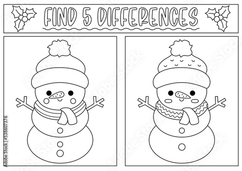 Christmas black and white find differences game for children. Attention skills activity with cute snowman in hat. New Year line puzzle or coloring page for kids. What is different worksheet.