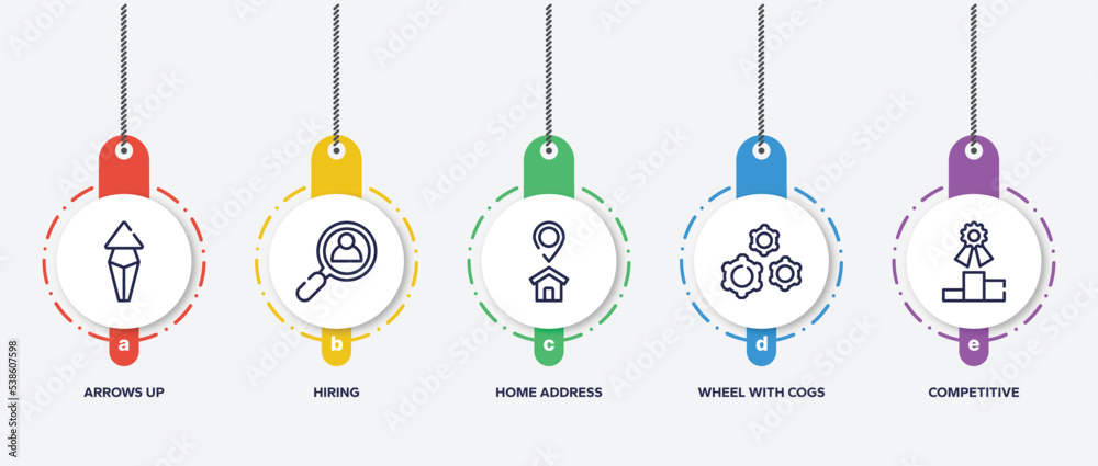 infographic element template with media advertising outline icons such as arrows up, hiring, home address, wheel with cogs, competitive vector. infographic element template with media advertising outline icons such as arrows up, hiring, home address, wheel with cogs, competitive vector.