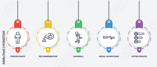 infographic element template with voting outline icons such as person shape, recommendation, handball, aerial advertising, voting results vector.