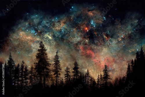 AI generated image of a celestial sky over a large forest. Stars  galaxies  Milky Way 