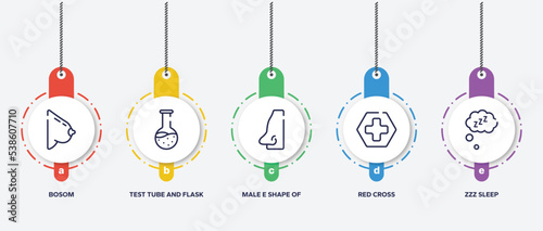 infographic element template with medicine and health outline icons such as bosom, test tube and flask, male e shape of a line, red cross, zzz sleep vector.