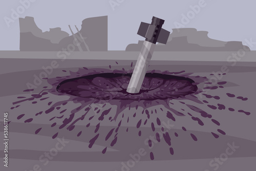 Crater trace from the explosion of a shell, mine, meteor. Rocket stuck in the ground