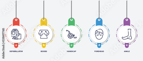 infographic element template with plastic surgery outline icons such as defibrillator, boobs, handicap, forehead, ankle vector.