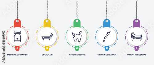 infographic element template with health outline icons such as medicine container, deckchair, hypersensitive, medicine dropper, patient in hospital bed vector.