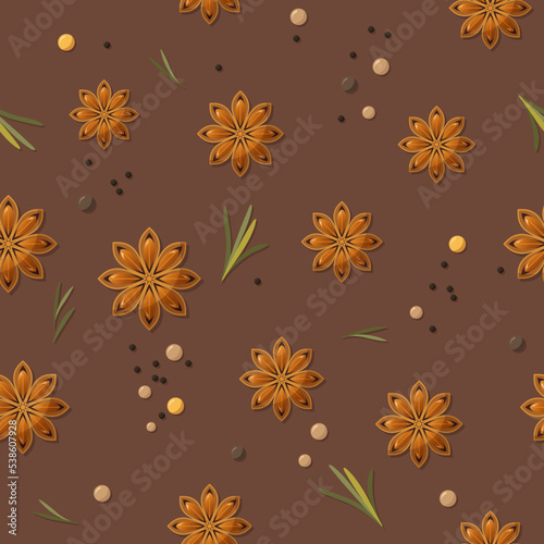 Seamless pattern with star anise, black peppercorns, white peppercorns, rosemary. Seamless background template for menus, web pages, cards, covers, wrapping paper. Stock vector illustration.