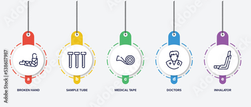 infographic element template with medicaments outline icons such as broken hand, sample tube, medical tape, doctors, inhalator vector.