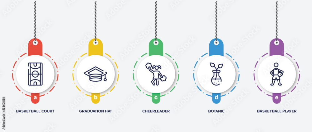 infographic element template with education outline icons such as basketball court, graduation hat, cheerleader, botanic, basketball player vector.