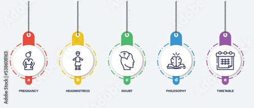 infographic element template with back to school outline icons such as pregnancy, headmistress, doubt, philosophy, timetable vector.